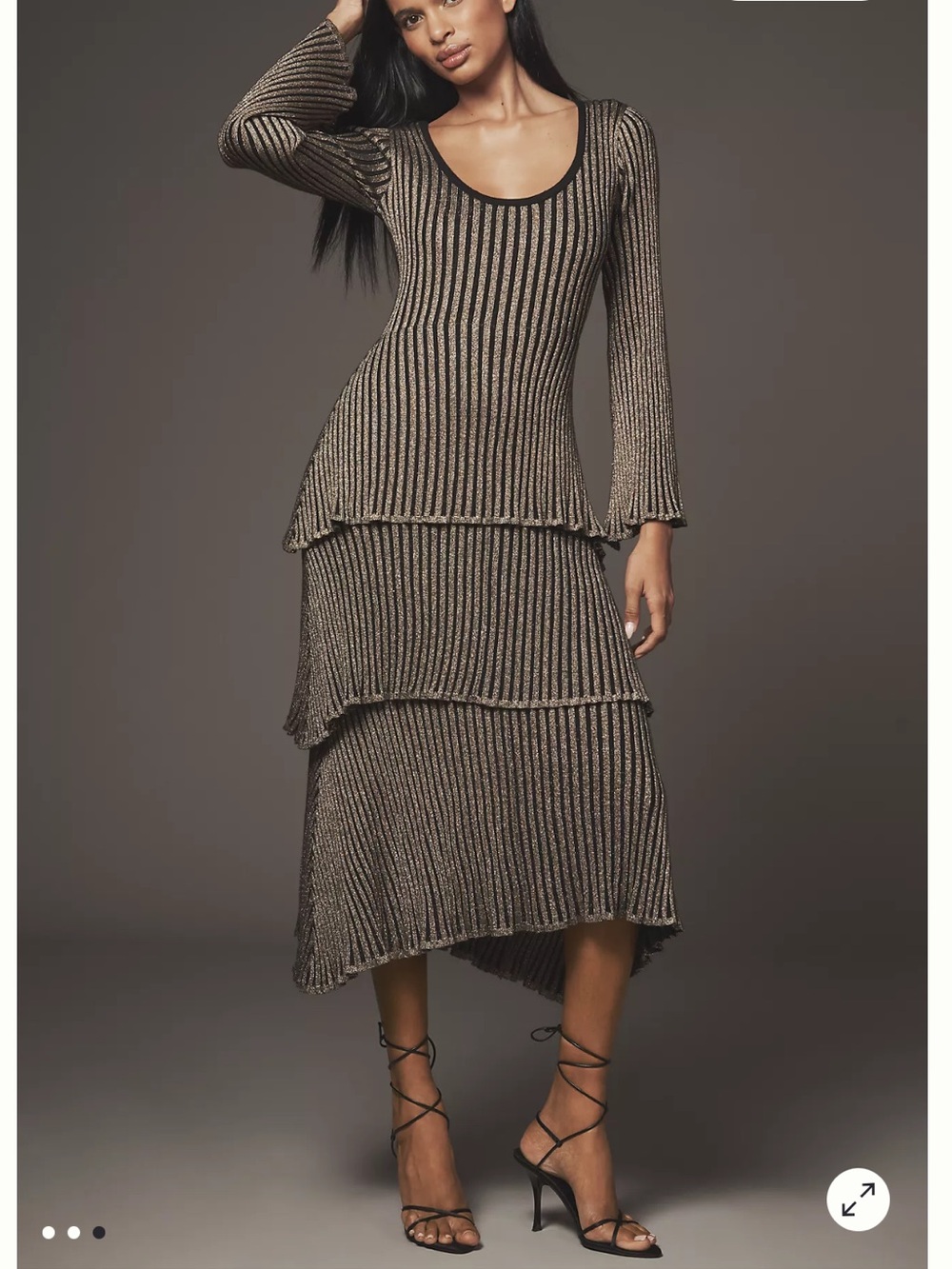 Anthropologie Metallic Black and Gold Ribbed Tiered Midi Dress